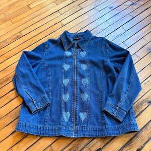 Vintage Blue Denim Jean Jacket with Heart Accents & Rhinestones